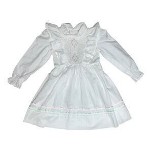 Vintage Polly Flinders White smocked Prairie Dress Ruffle Cottagecore Girls  5